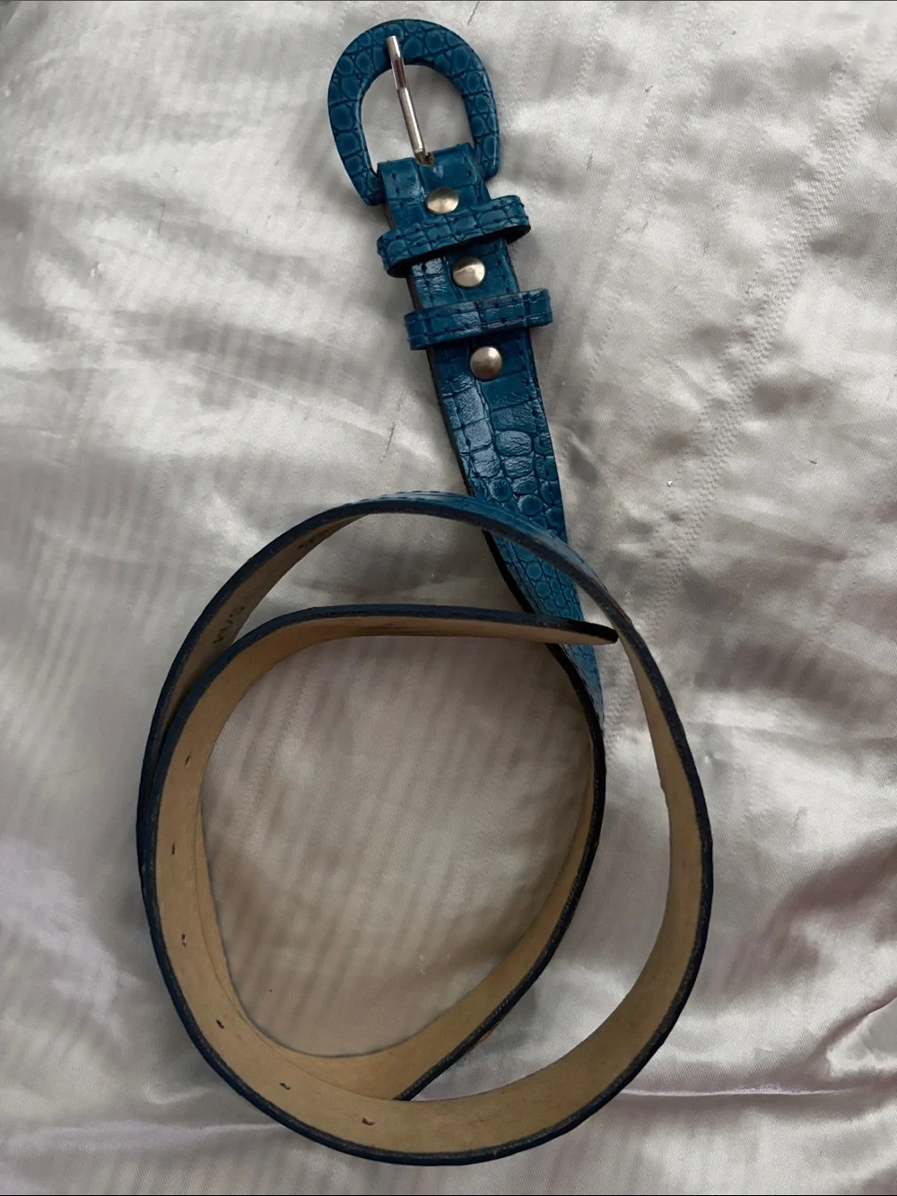 Teal Croc-Embossed Skinny Belt S/M USA